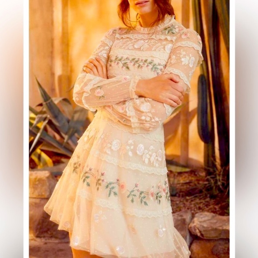 Needle & Thread x BHLDN Precious Rose 2 / XS Pink Embroidered Sequin Lace Formal - Picture 15 of 16